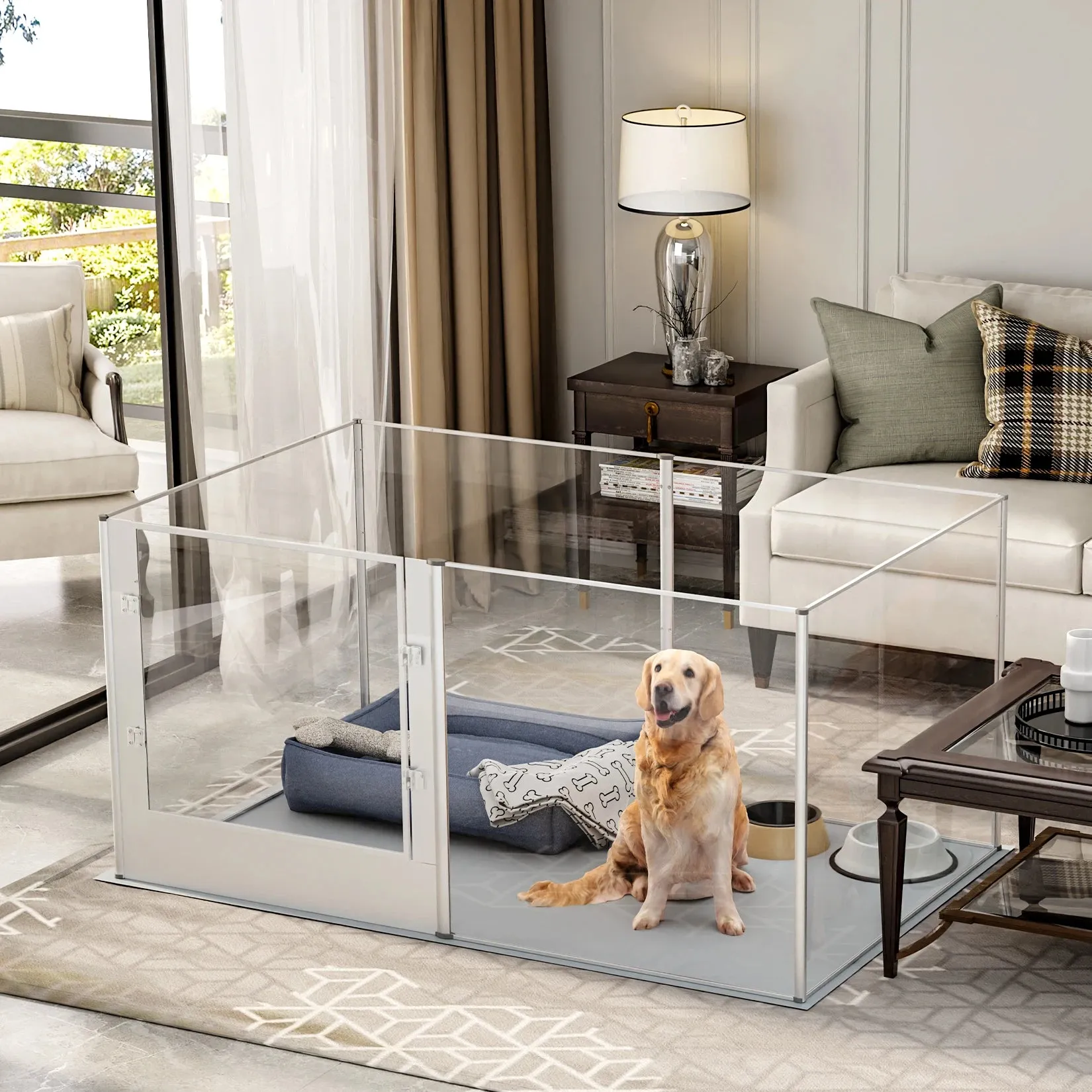 6-Panel Clear Acrylic Dog Playpen with Waterproof Mat
