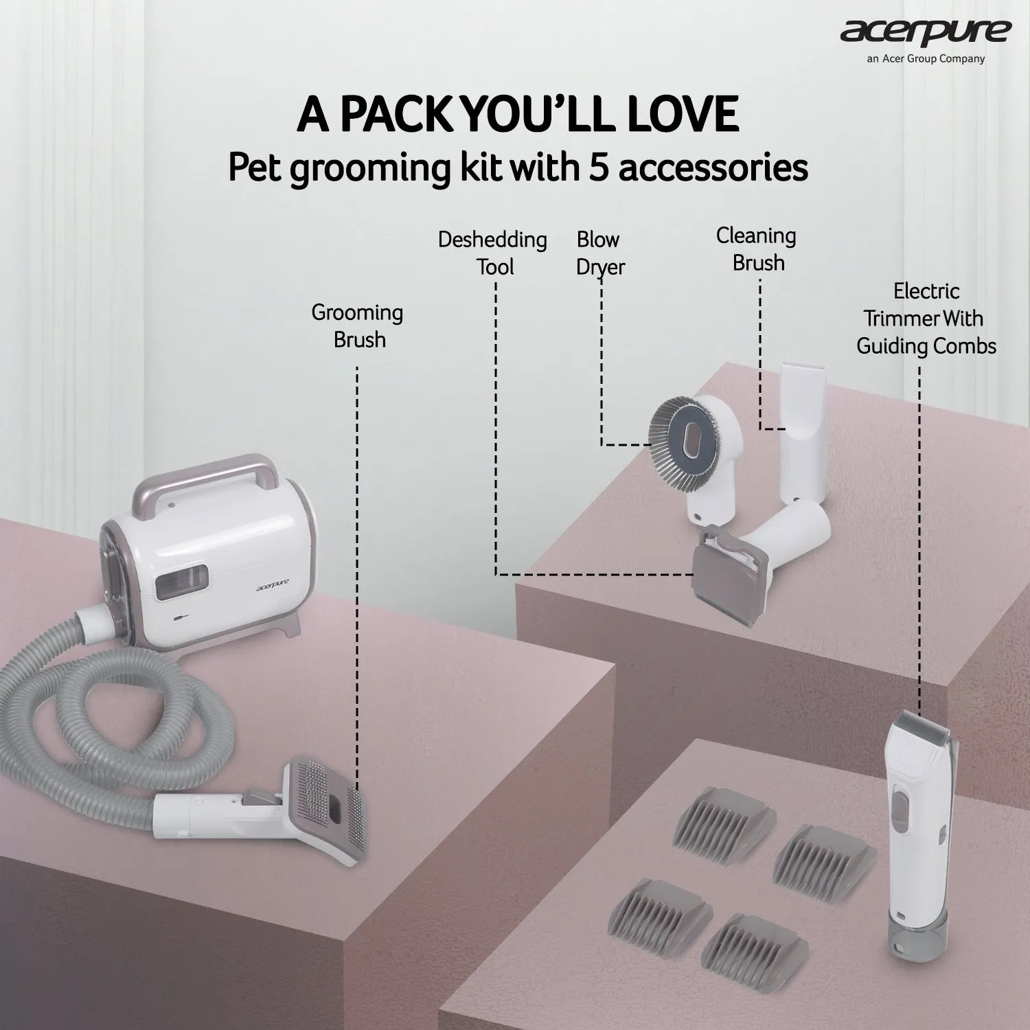 Acerpure Pet grooming Kit Vacuum Kit with 5 Accessories for Dogs & Cats | Adjustable Suction | All-weather Heater Mode | Multi-stage Filtration | Easy Dust Disposal