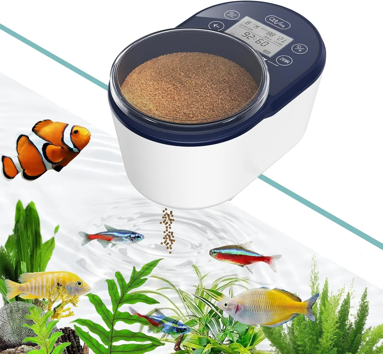 Automatic Fish Feeder for Aquarium, Rechargeable Timer Fish Food Dispenser for Betta Fish Turtle Feeder, Moisture-Proof Fish Food Vacation Feeder with LCD Display