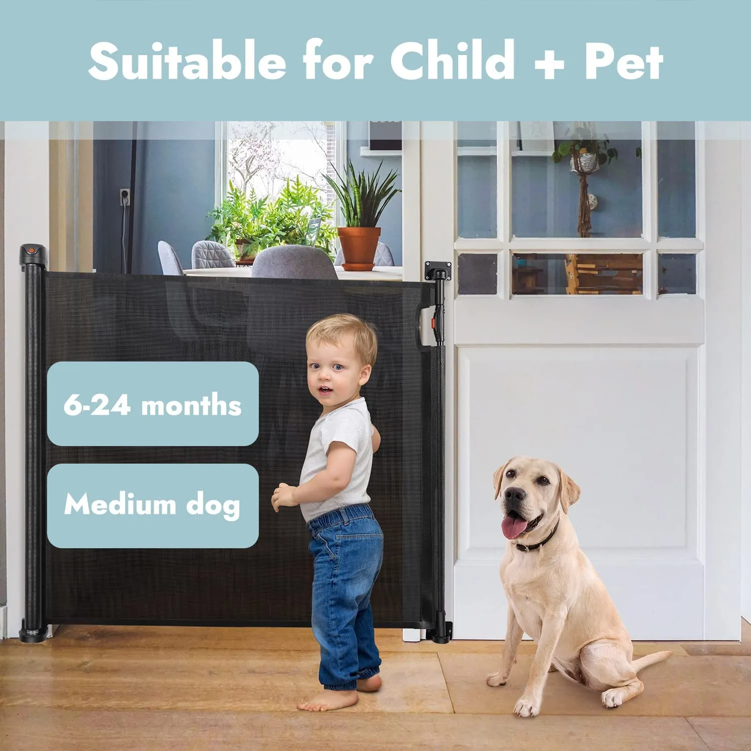 Baybee Retractable Mesh Baby Safety Gate for Kids, Baby Fence Barrier Pet Gate Expandable Upto 140Cm (Black)