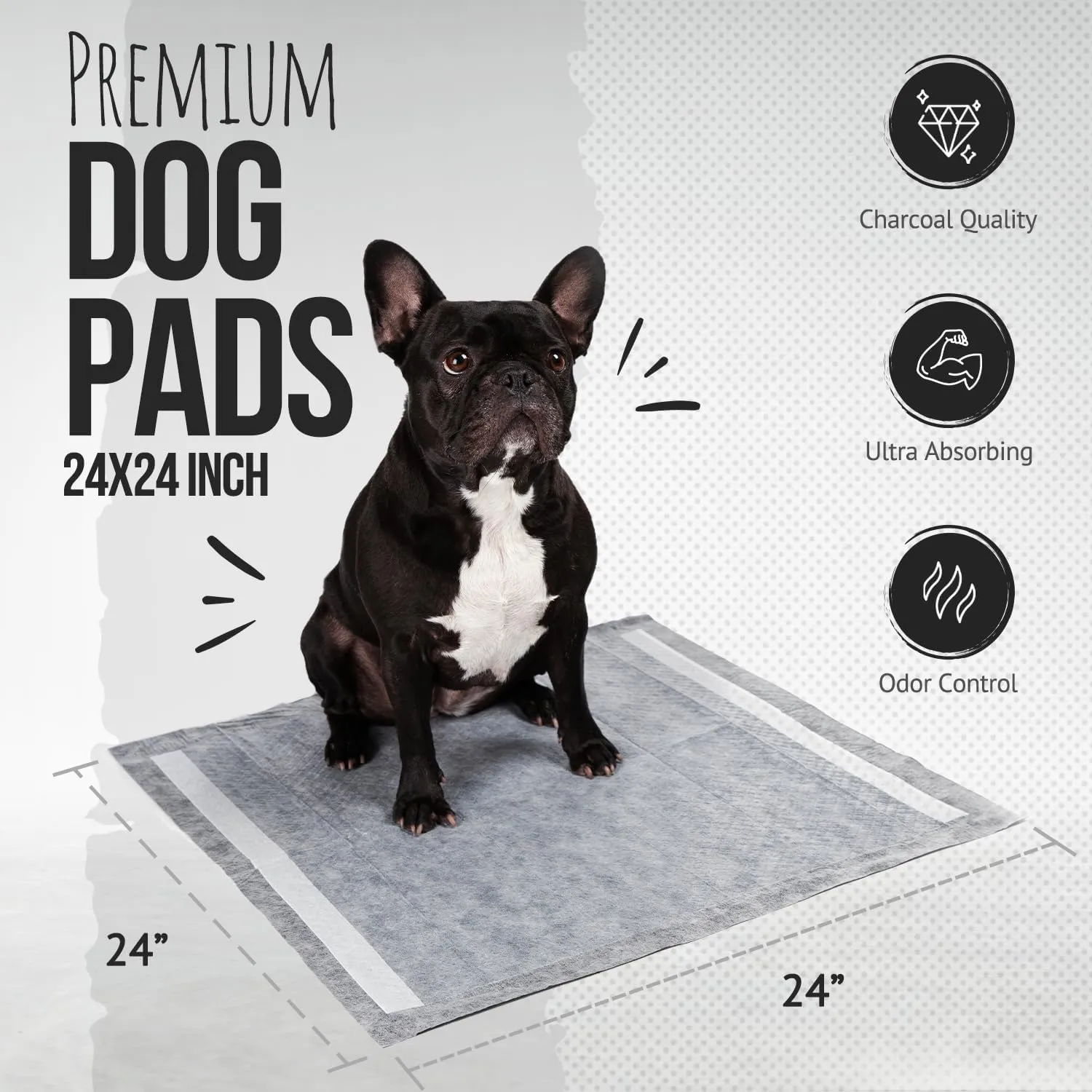 Bulldoglogy 50-Count Carbon Black Puppy Training Pads with Adhesive Tape 24x24 - Large Charcoal Housebreaking Dog Training Wee Pads, Odor Control Thick Pee Pads for Dogs Extra Quick Dry Polymer Tech