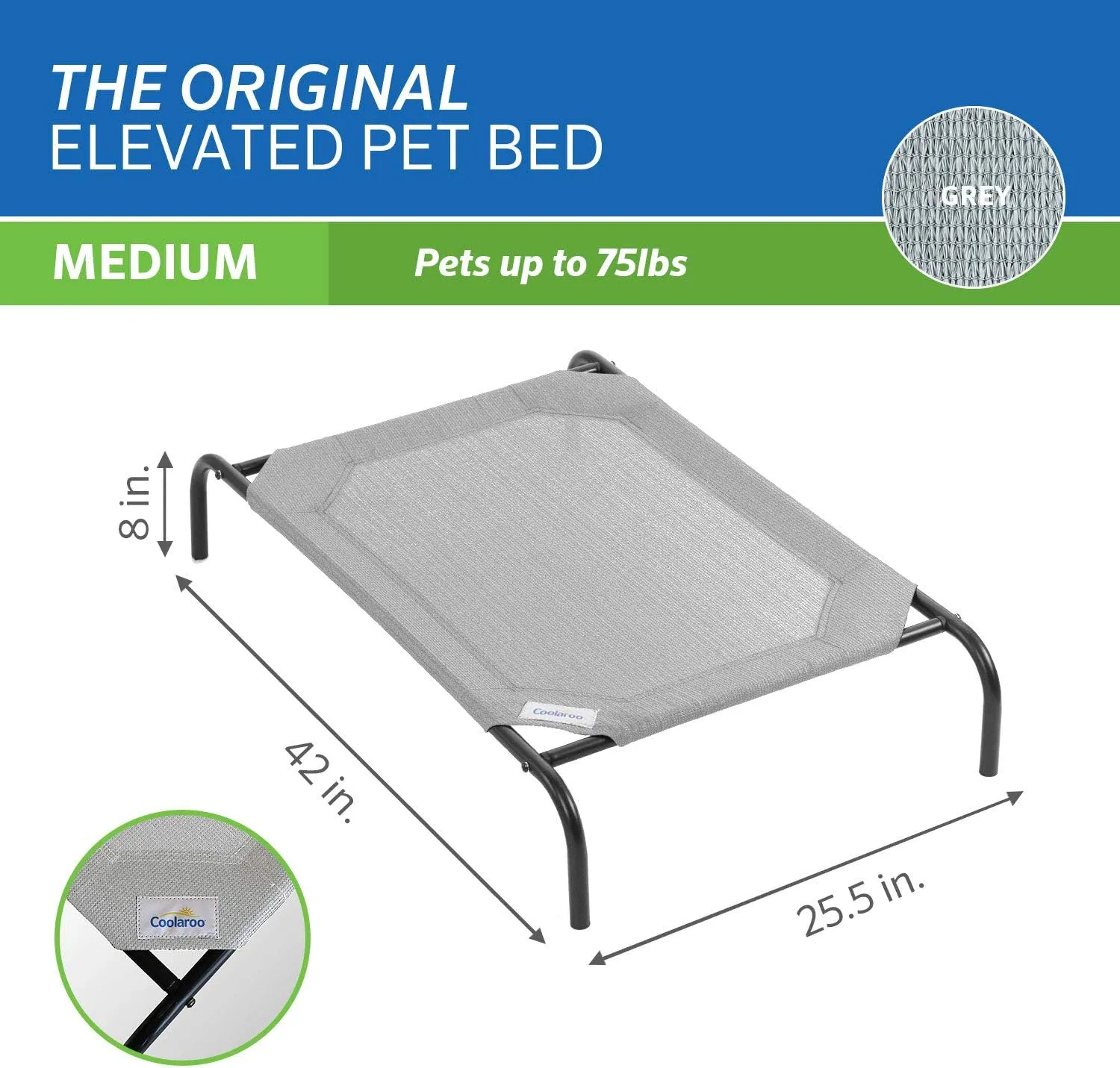 COOLAROO The Original Cooling Elevated Dog Bed, Indoor and Outdoor, Medium, Grey