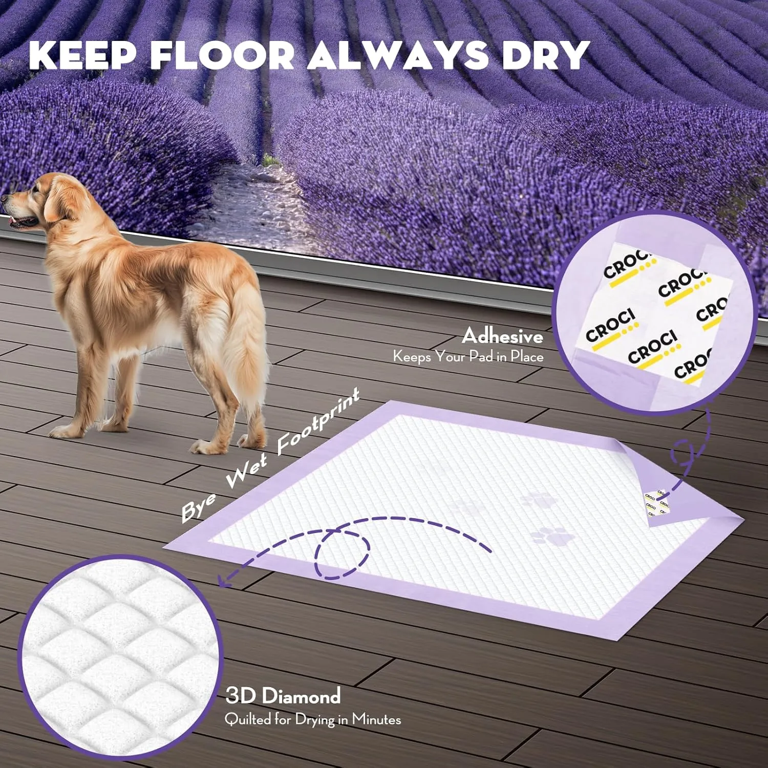 CROCI Dog Pads Lavender Scented 28x34in Large Pee Pads for Dogs with Odor Eliminating Puppy Pads Thicken Super Absorbent Up to 8 Cups Pee Pads, Disposable (40 Counts)