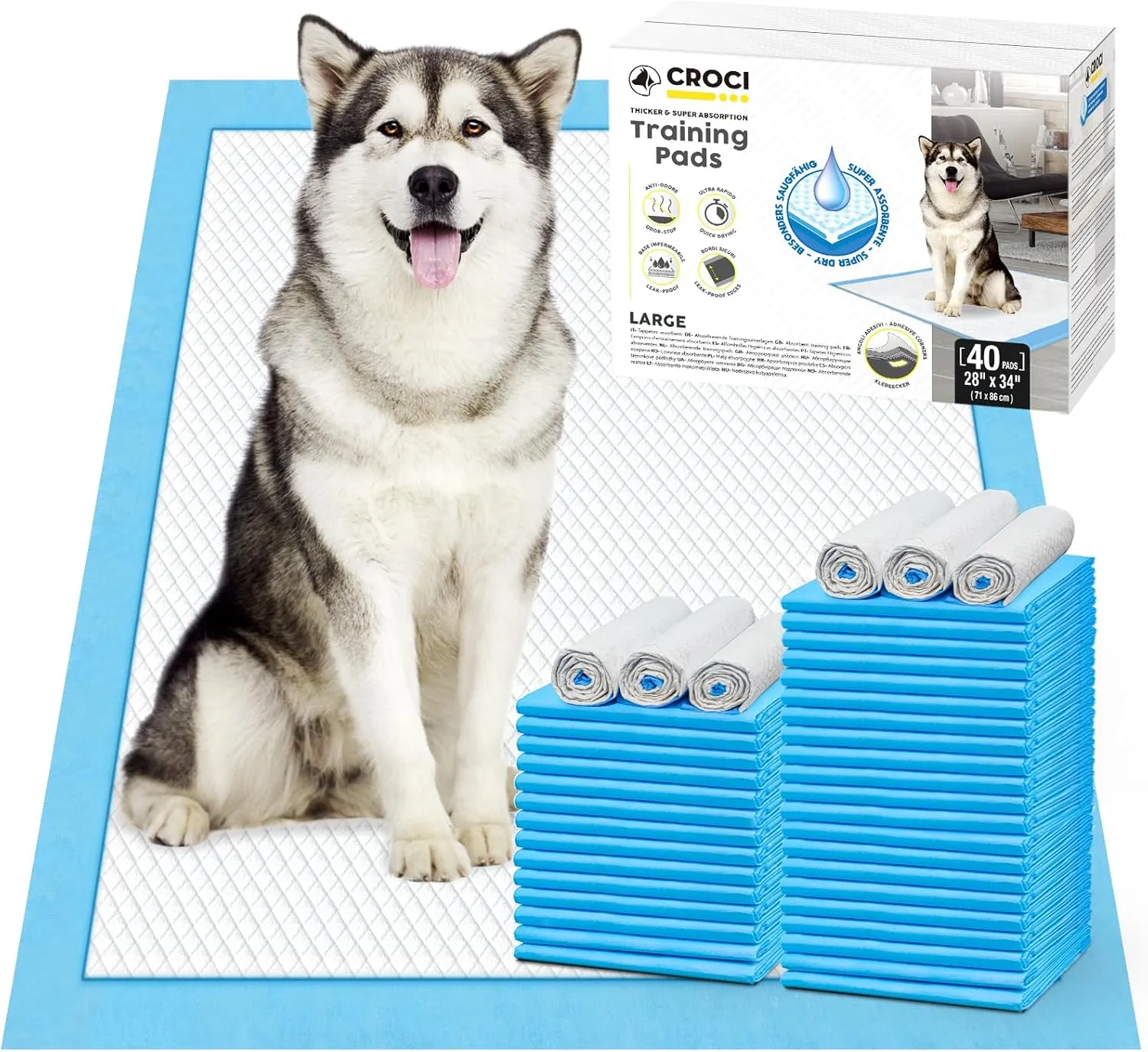 CROCI Pee Pads for Dogs 28x34in Absorbs Up to 6-Cup of Liquid, 6-Layer Dog Pee Pads Leak-Proof & Quick Drying, Disposable (40 Counts)