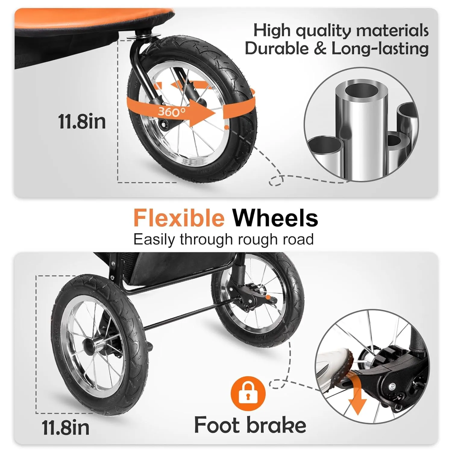 Dog Stroller for Medium Dogs - 3 in1 Small Pet Strollers Zipperless Dog Cat Stroller 3 Wheels with Detachable Dogs Carriage,Jogging Tires,Storage Basket and One-Button Folding Frame for Pets Walk