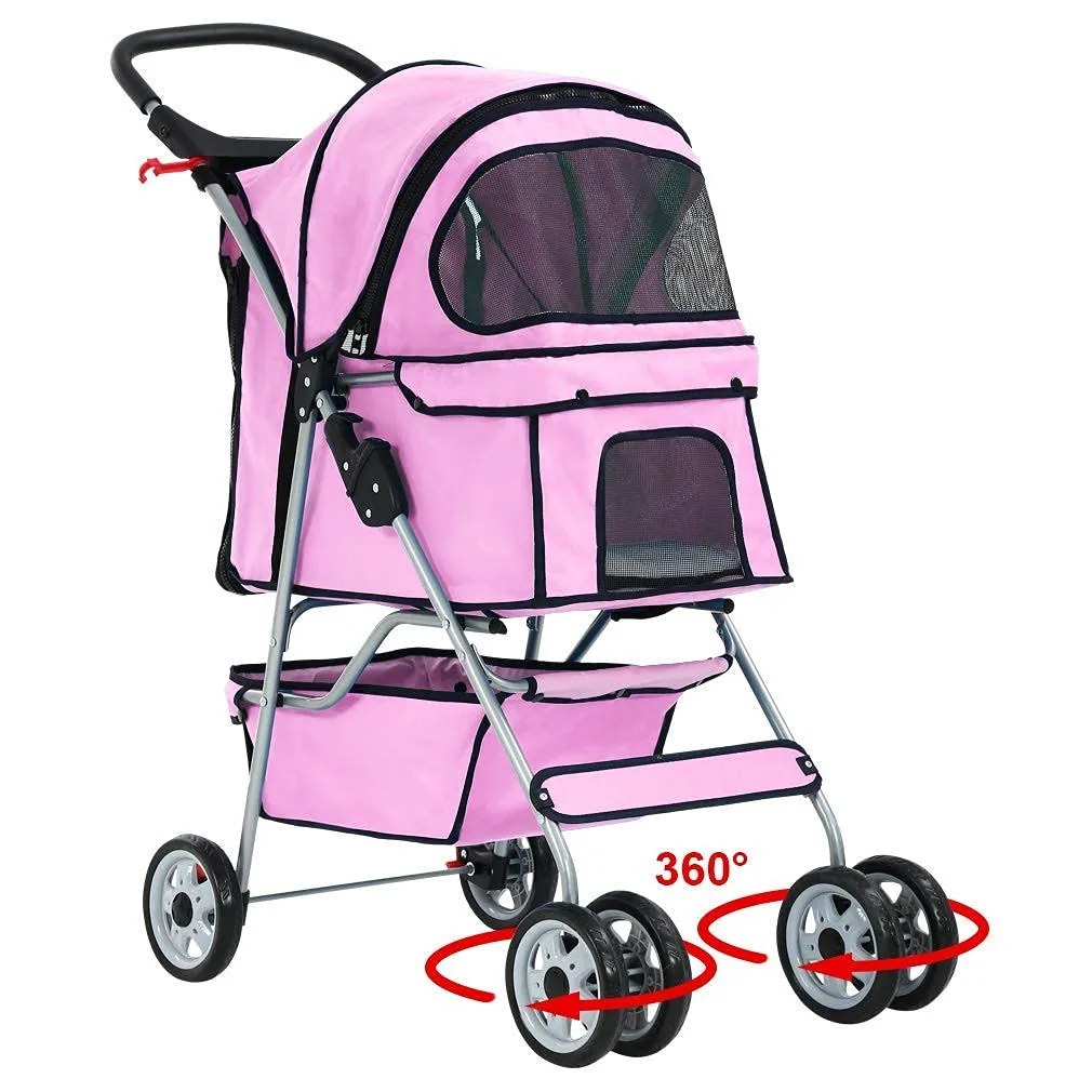 HHS Pet Stroller Cat Dog Strollers for Small Medium Dogs Double Puppy Doggie Carrier with Storage Basket and Cup Holder Foldable Travel Jogging Cart, Pink 17.5(L)*33(W)*38.6(H) inch