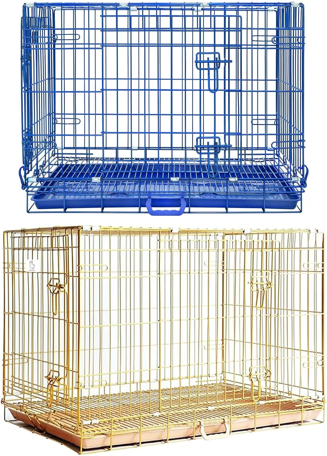 Homey Pet Dog Crates for Medium Dogs, Collapsible Small Dog Cage, Nano-Coating Metal Wire Dog Kennel Indoor with Removable Floor Grid and Tray, Double Doors Dual Locks, GOLD36 BLUE30 Bundle
