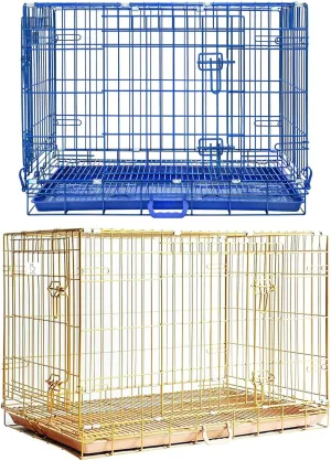 Homey Pet Dog Crates for Medium Dogs, Collapsible Small Dog Cage, Nano-Coating Metal Wire Dog Kennel Indoor with Removable Floor Grid and Tray, Double Doors Dual Locks, GOLD36 BLUE30 Bundle