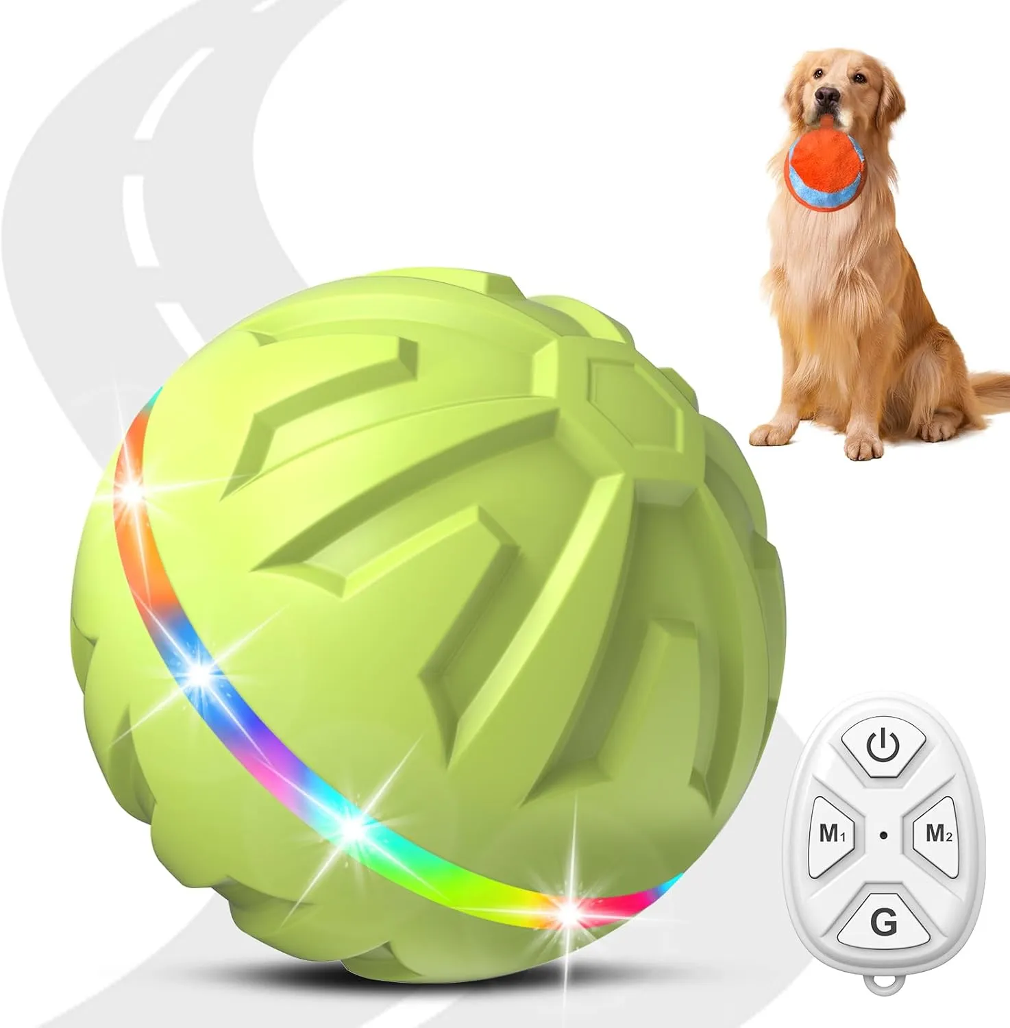 Interactive Dog Toy - Ultra Ball With Remote Control LED Lights, Active Rolling Ball for Medium Large Dogs, Automatic Moving Durable Rubber Peppy Pet Toy, 3.2-in Green