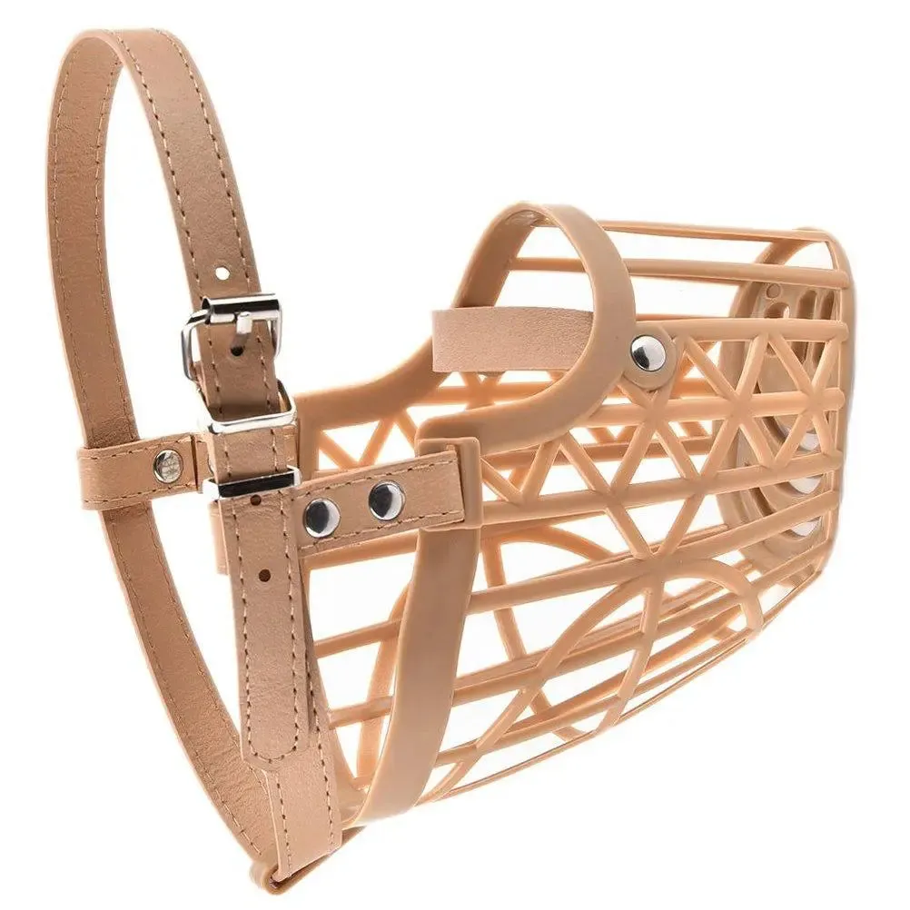 Jacky Treats Adjustable Strap Muzzle Cum Mouth Cover and Basket Cage and Pet Safety Collar for Dog, Puppy, Cat (Beige, Large) 7 no.