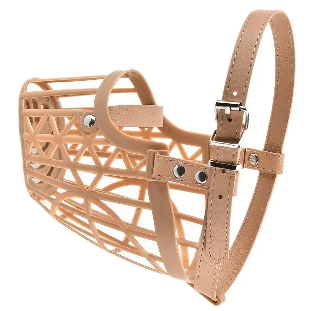 Jacky Treats Adjustable Strap Muzzle Cum Mouth Cover and Basket Cage and Pet Safety Collar for Dog, Puppy, Cat (Beige, Large) 7 no.