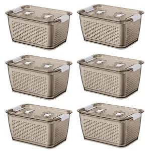 Kuber Industries Small Refrigerator Storage Crisper with Lid & Detachable Hollow Basket-Pack of 6 (Brown)