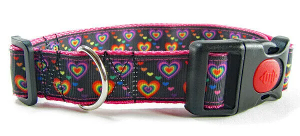 Rainbow Hearts dog collar handmade adjustable buckle collar 1" wide leash Petcollarshandmade