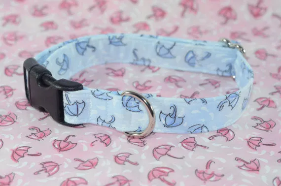 Rainy Day Umbrellas in Blue Adjustable Dog Collar