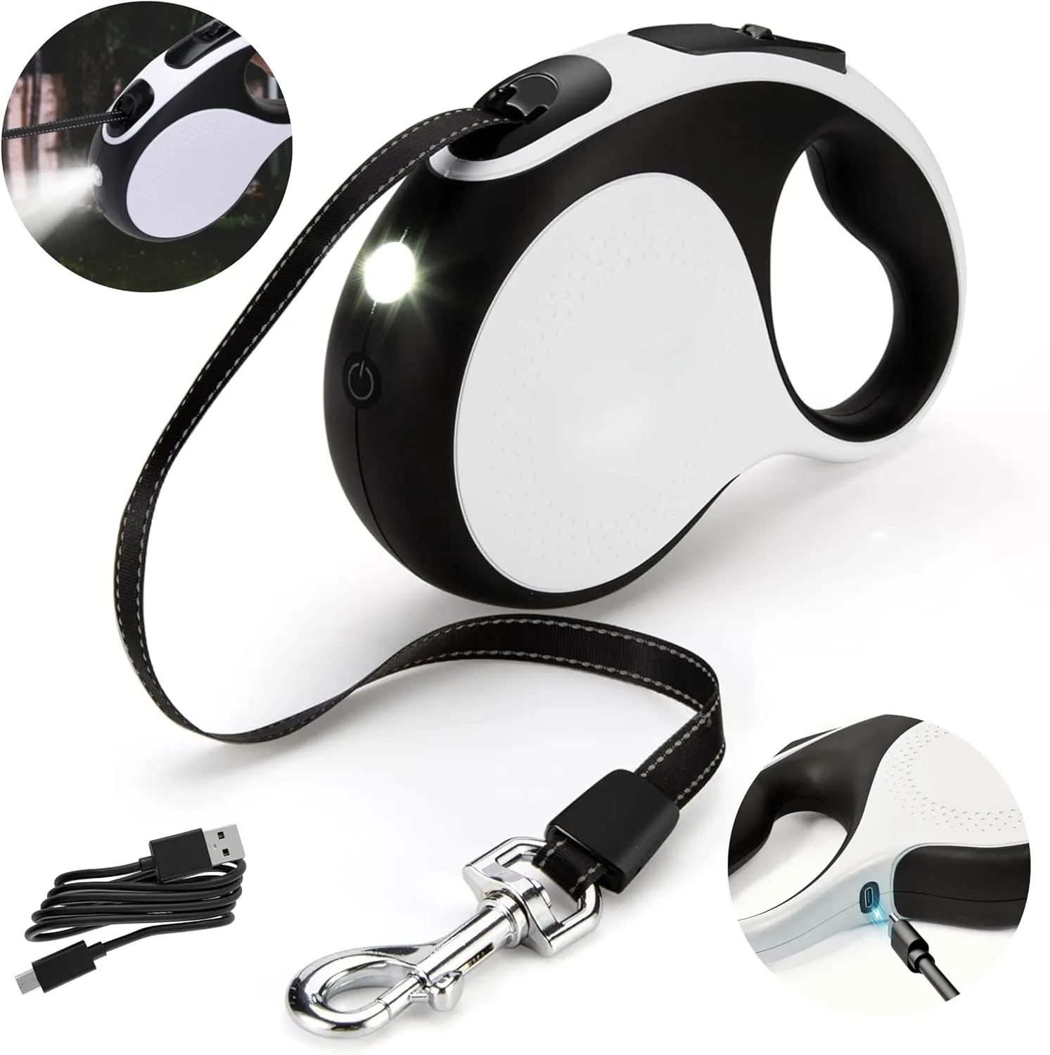 Retractable Dog Leash with Rechargeable LED Light  16ft Heavy Duty Retractable Leash for Medium & Large Dogs (1066 lbs)  360 Tangle-Free with One-Handed Brake & Nylon Reflective Tape  White