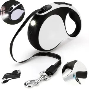 Retractable Dog Leash with Rechargeable LED Light  16ft Heavy Duty Retractable Leash for Medium & Large Dogs (1066 lbs)  360 Tangle-Free with One-Handed Brake & Nylon Reflective Tape  White
